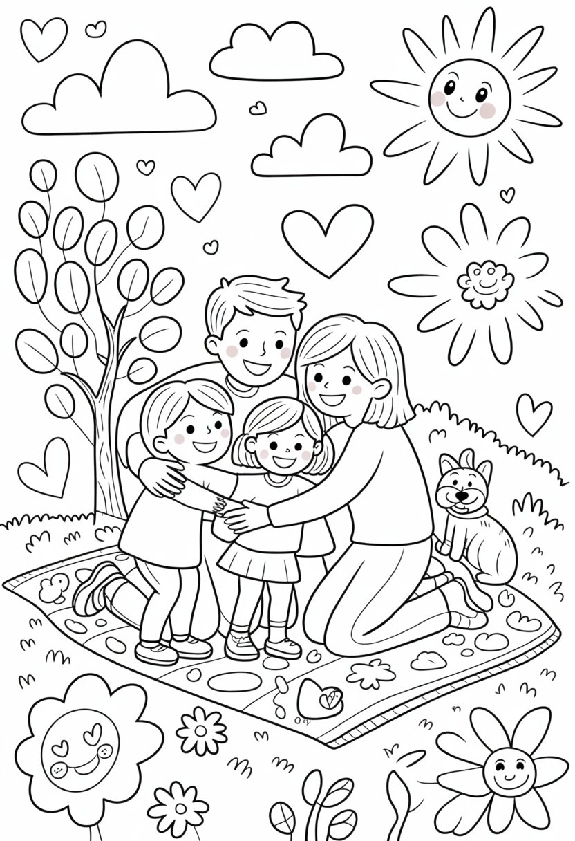 I Love My Family Coloring Pages List of 13 Fun and Educational Designs 31 A family of four hugging outdoors with a pet nearby, surrounded by hearts, stars, flowers, a tree, clouds, and a smiling sun.